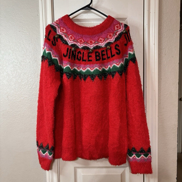 Holiday Sweaters - Women's Red Christmas Holiday Pullover Sweater with Jingle Bell Design Large